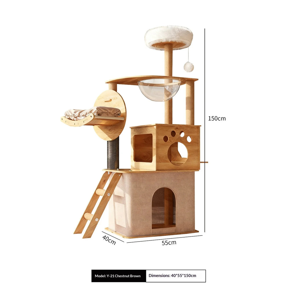 Large Wooden Cat Tree with Cat House & Scratching Post – Multi-Level Indoor Cat Tower