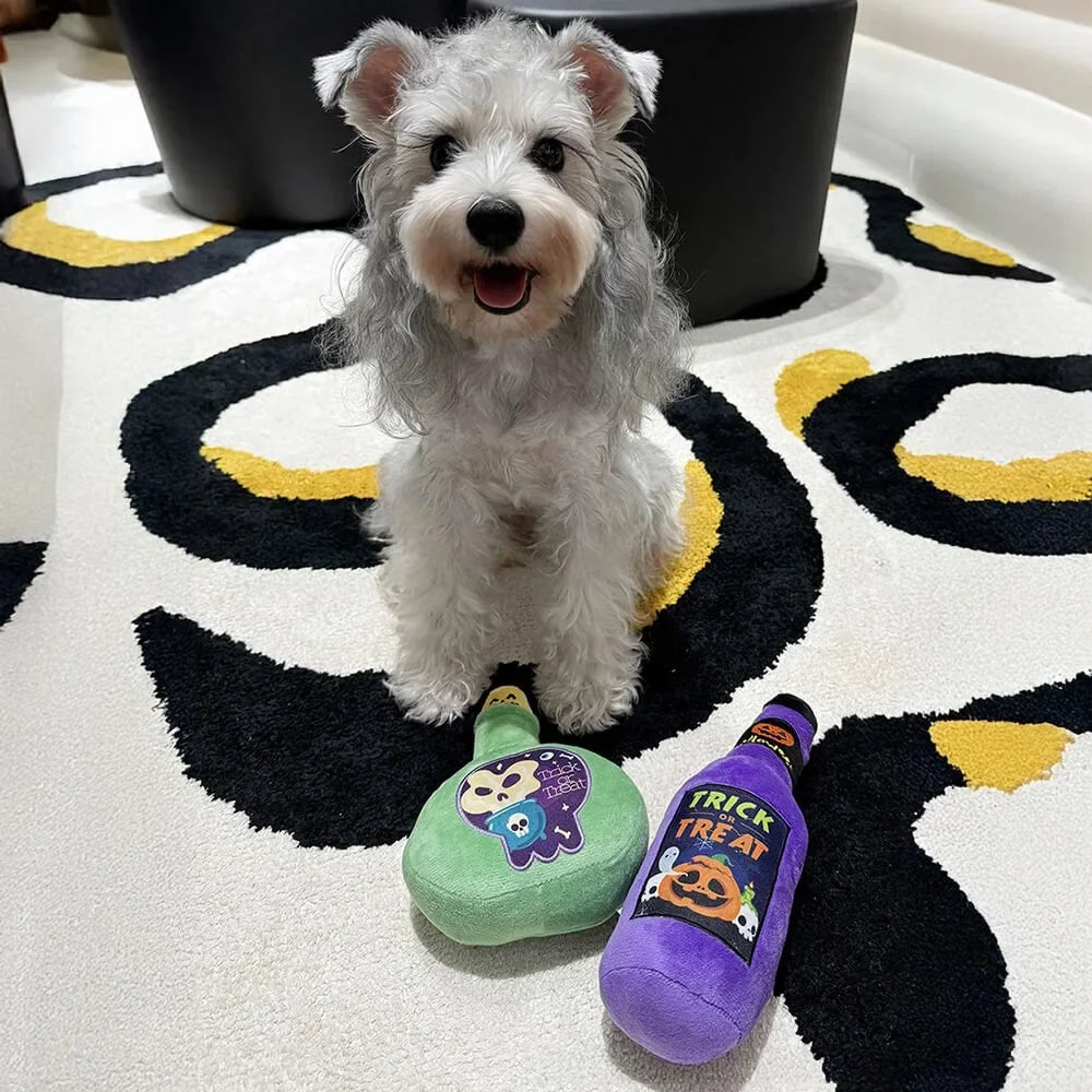 Halloween Plush Dog Toy – No-Stuffing Squeaky Bottle Chew Toy, Green or Purple