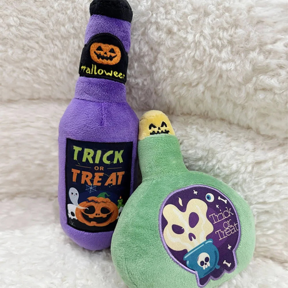 Halloween Plush Dog Toy – No-Stuffing Squeaky Bottle Chew Toy, Green or Purple