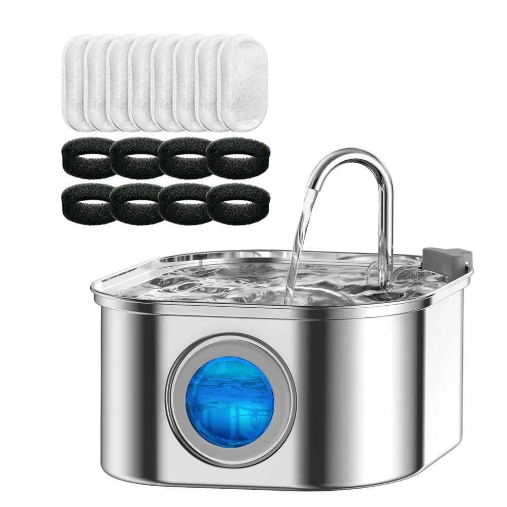 Cat Water Fountain 3.2L – Stainless Steel, Quiet Sensor Pump with Viewing Window