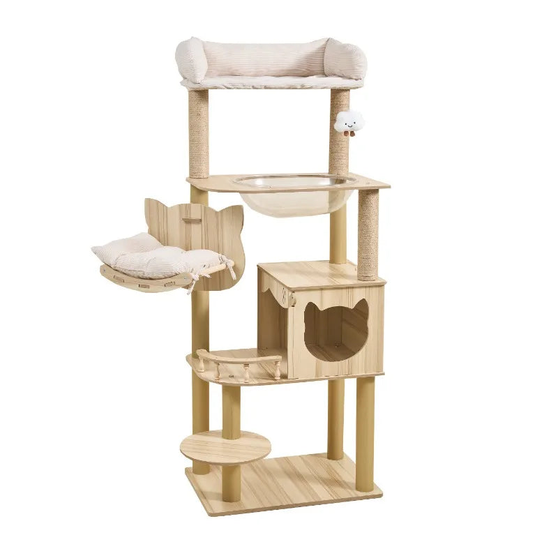 Large Wooden Cat Tree with Cat House & Scratching Post – Multi-Level Indoor Cat Tower