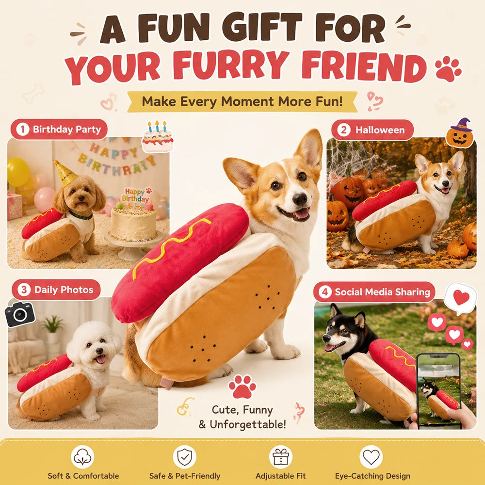 Hot Dog Costume for Dogs & Cats – Funny Halloween Pet Outfit, XS–XL