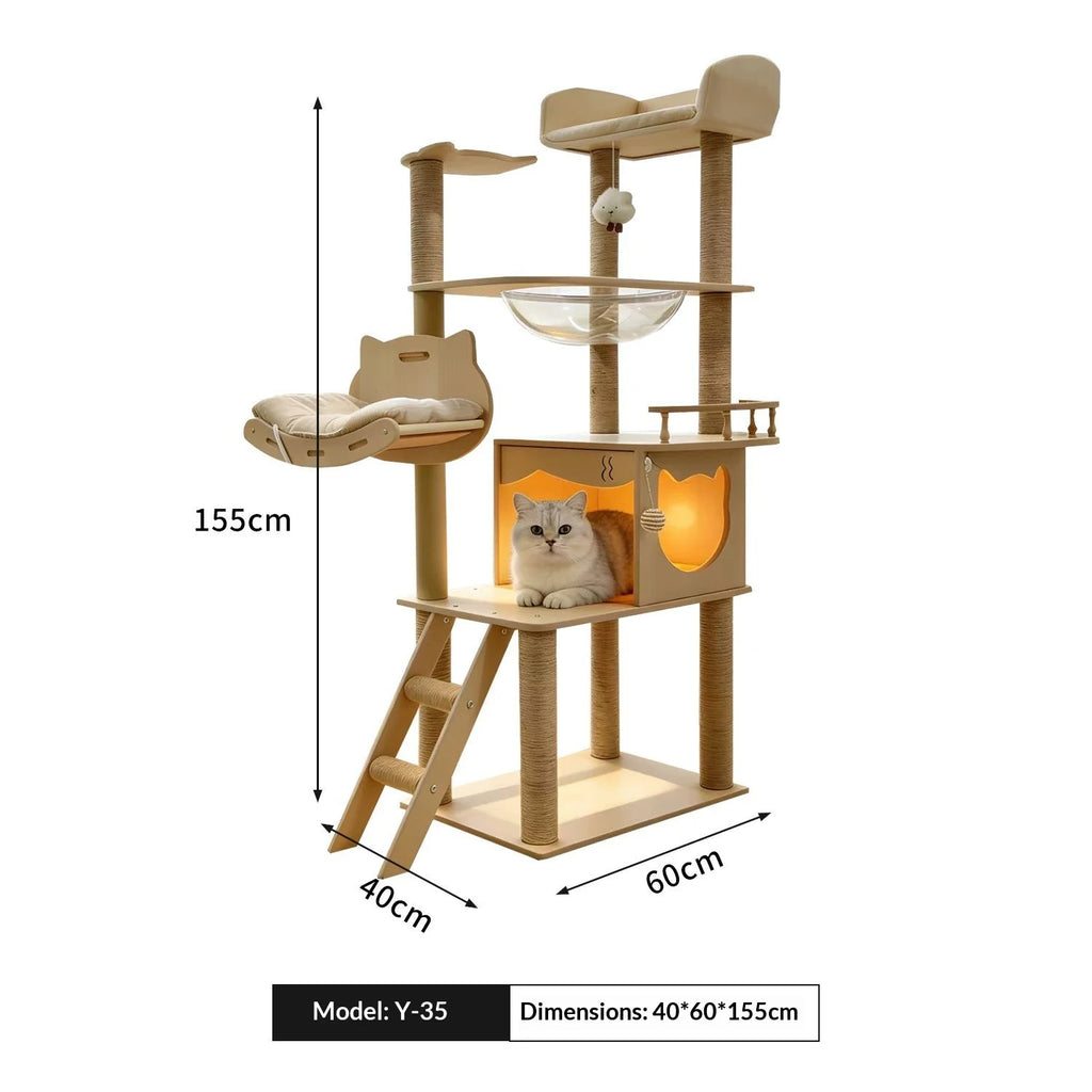 Large Wooden Cat Tree with Cat House & Scratching Post – Multi-Level Indoor Cat Tower