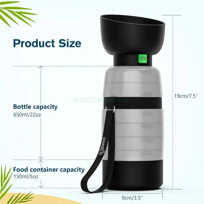 Portable Dog Water Bottle with Food Container – 650ml 2-in-1 for Walks, Hiking & Travel