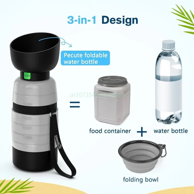 Portable Dog Water Bottle with Food Container – 650ml 2-in-1 for Walks, Hiking & Travel