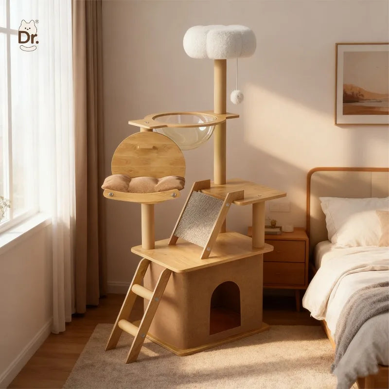 Large Wooden Cat Tree with Cat House & Scratching Post – Multi-Level Indoor Cat Tower