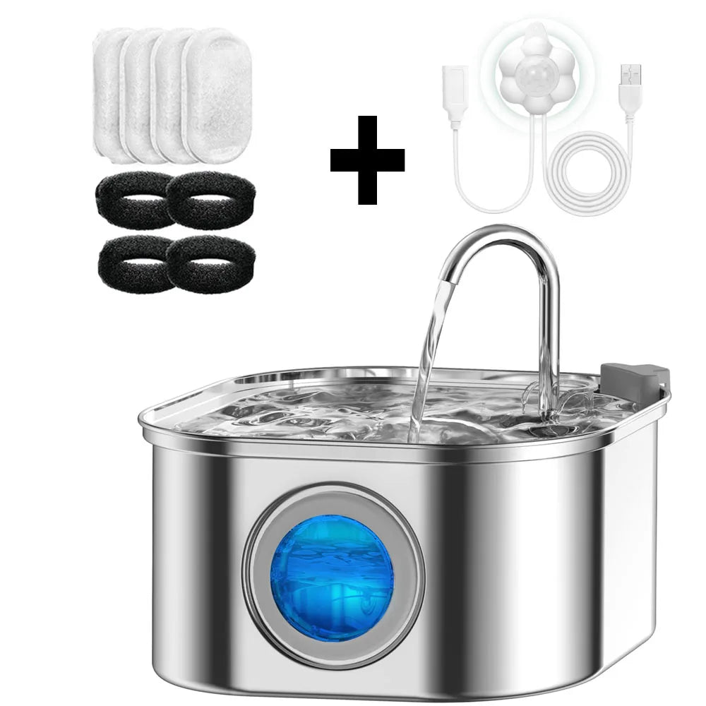 Cat Water Fountain 3.2L – Stainless Steel, Quiet Sensor Pump with Viewing Window