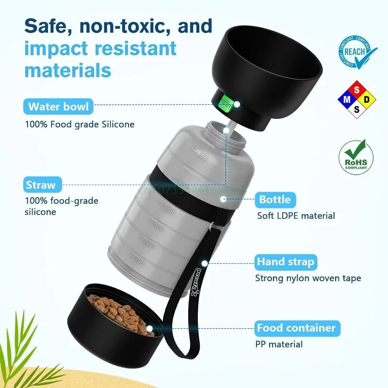 Portable Dog Water Bottle with Food Container – 650ml 2-in-1 for Walks, Hiking & Travel