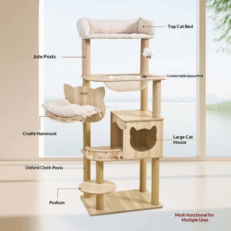 Large Wooden Cat Tree with Cat House & Scratching Post – Multi-Level Indoor Cat Tower