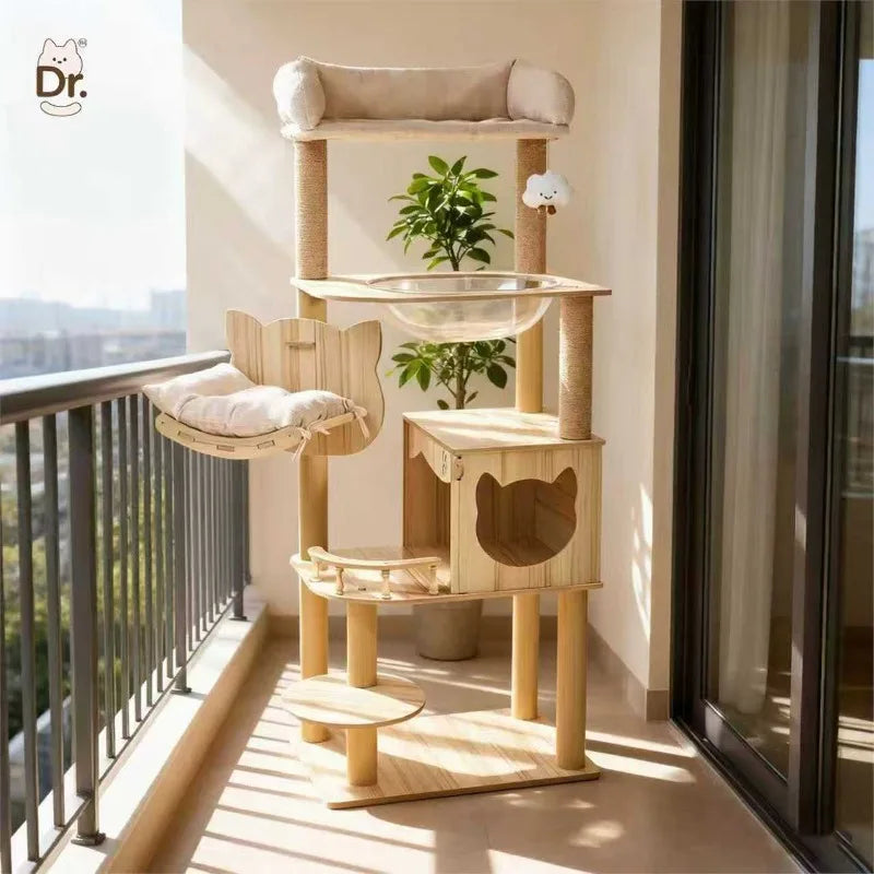Large Wooden Cat Tree with Cat House & Scratching Post – Multi-Level Indoor Cat Tower