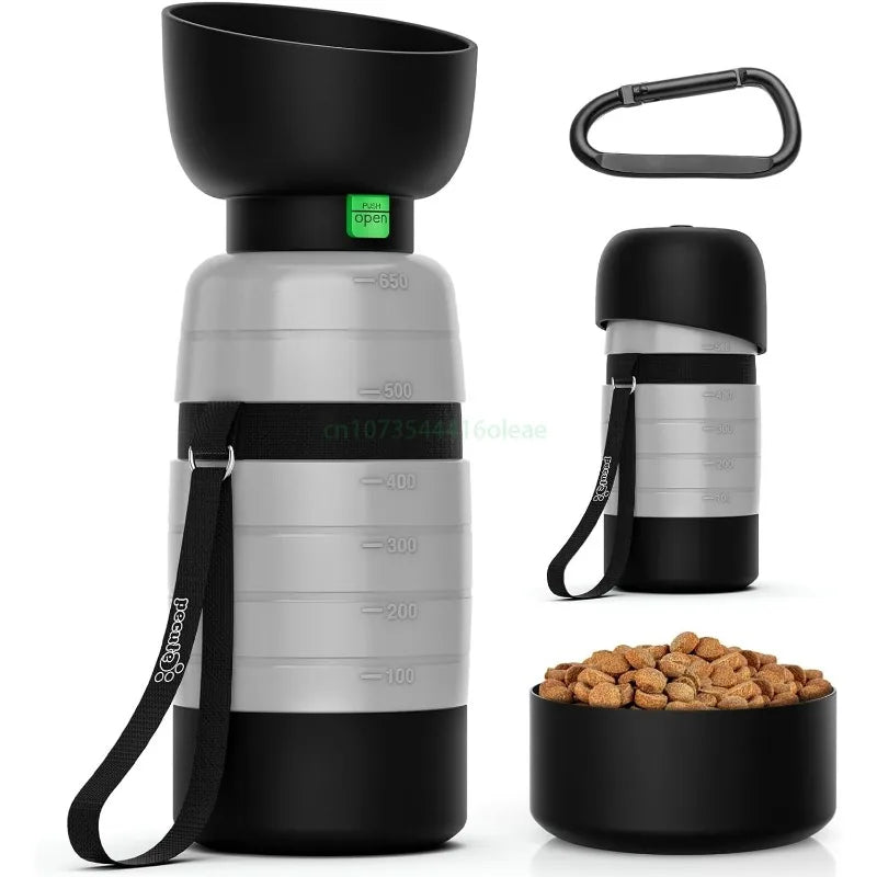 Portable Dog Water Bottle with Food Container – 650ml 2-in-1 for Walks, Hiking & Travel