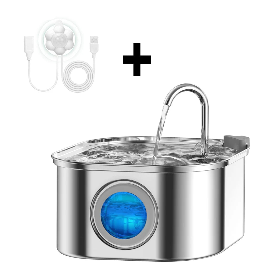 Cat Water Fountain 3.2L – Stainless Steel, Quiet Sensor Pump with Viewing Window