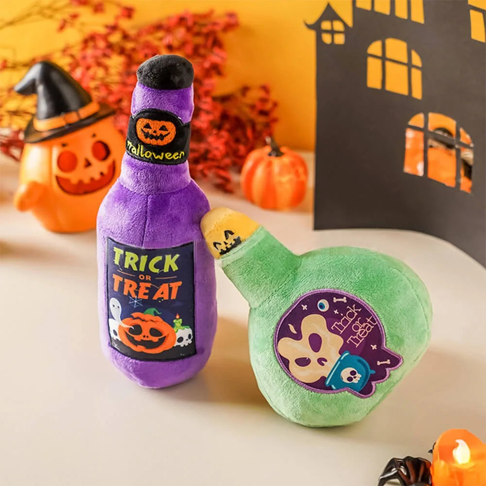 Halloween Plush Dog Toy – No-Stuffing Squeaky Bottle Chew Toy, Green or Purple