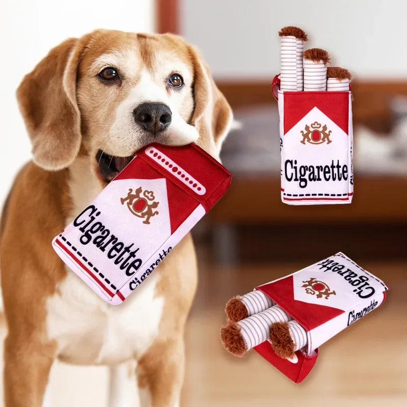 Novelty Cigarette Pack Plush Dog Toy – Squeaky Set