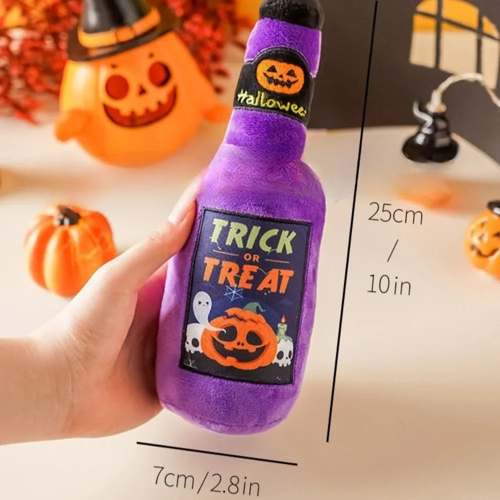 Halloween Plush Dog Toy – No-Stuffing Squeaky Bottle Chew Toy, Green or Purple