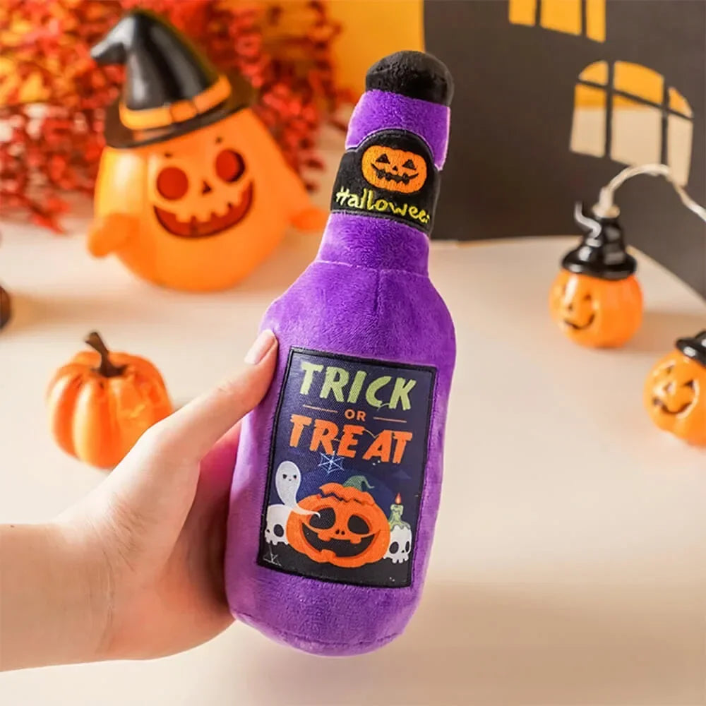 Halloween Plush Dog Toy – No-Stuffing Squeaky Bottle Chew Toy, Green or Purple