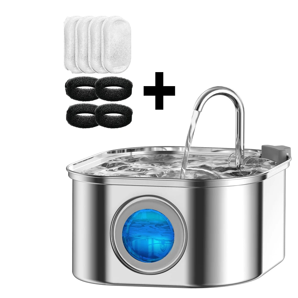 Cat Water Fountain 3.2L – Stainless Steel, Quiet Sensor Pump with Viewing Window