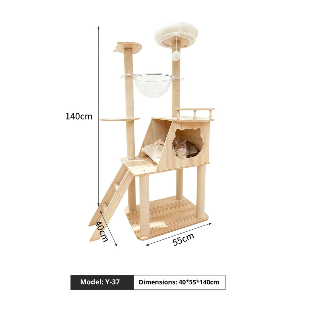 Large Wooden Cat Tree with Cat House & Scratching Post – Multi-Level Indoor Cat Tower