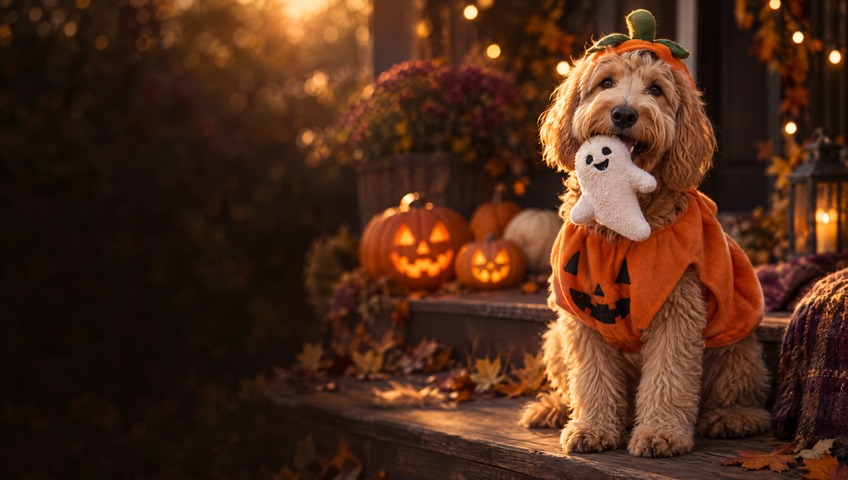 Golden doodle in a pumpkin costume playing with a plush ghost toy on a Halloween porch