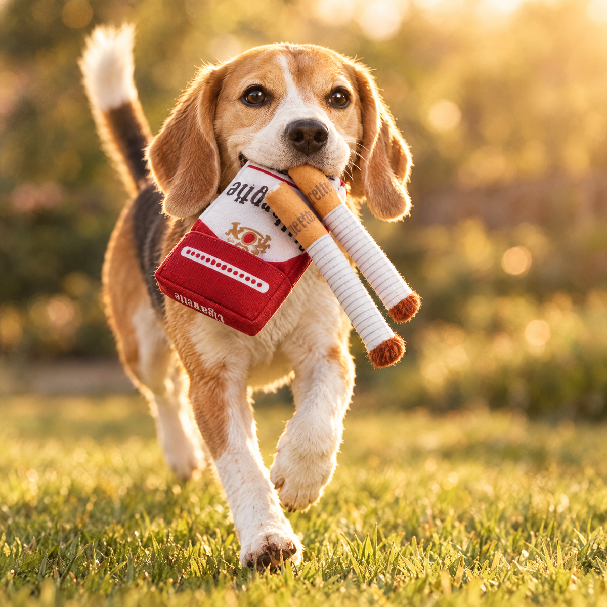Dog carrying a novelty plush chew toy across a sunlit lawn