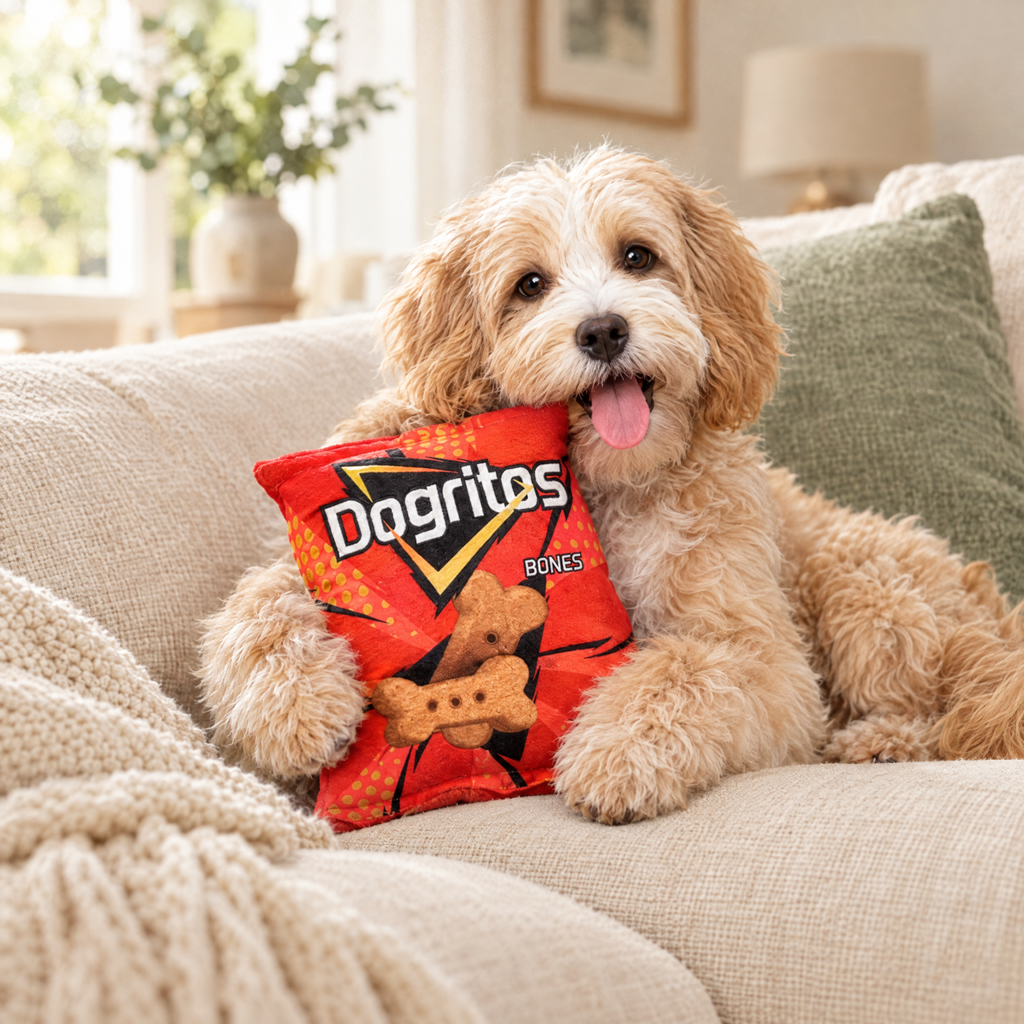 Cockapoo cuddled up with a plush crisps-packet dog toy on a sofa