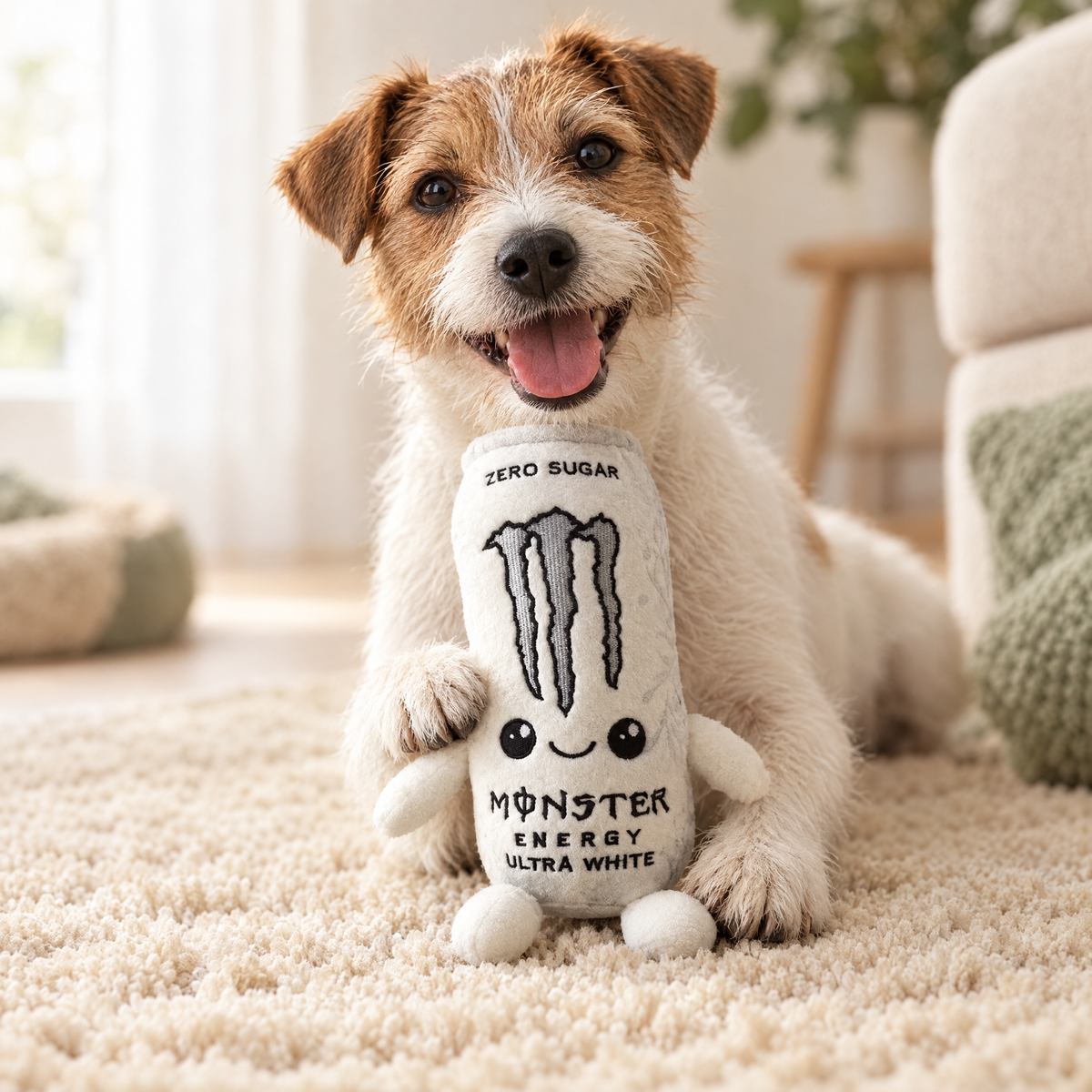 Terrier resting its paws on a can-shaped plush toy on a cream rug