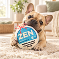 French bulldog playing with a plush squeaky dog toy on a cream rug