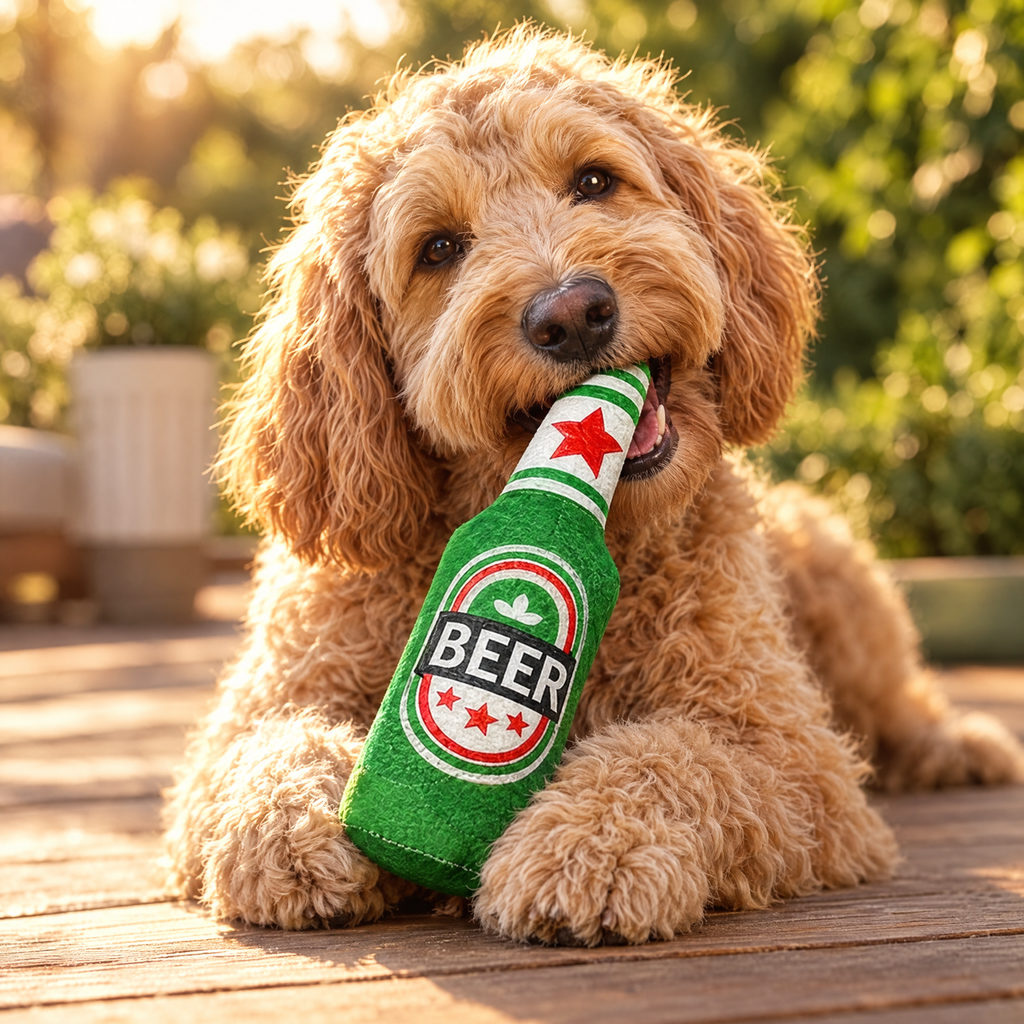 Golden doodle holding a bottle-shaped plush dog toy on a patio