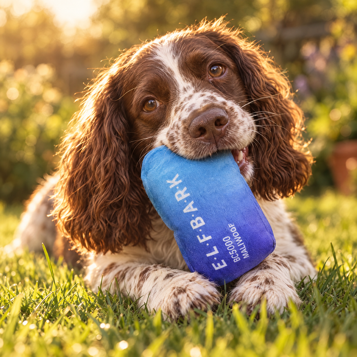 Spaniel chewing a plush squeaky dog toy on a garden lawn