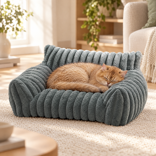 Fluffy cat asleep in a plush cat sofa bed