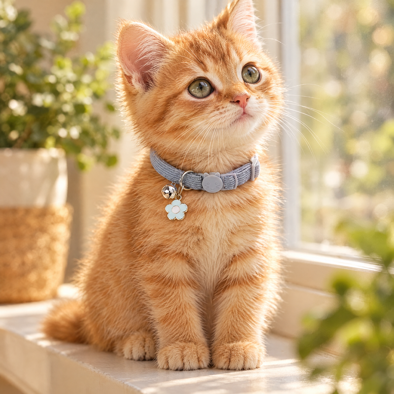 Cat Collar with Bell & Flower Charm – Adjustable Safety-Clip Collar for Cats