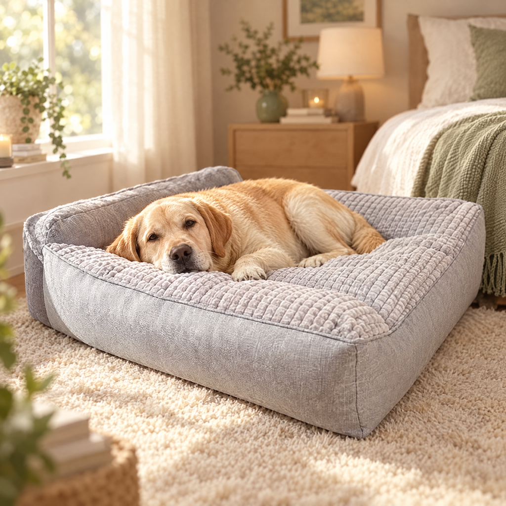 Labrador resting in a cozy pet sleeping bed