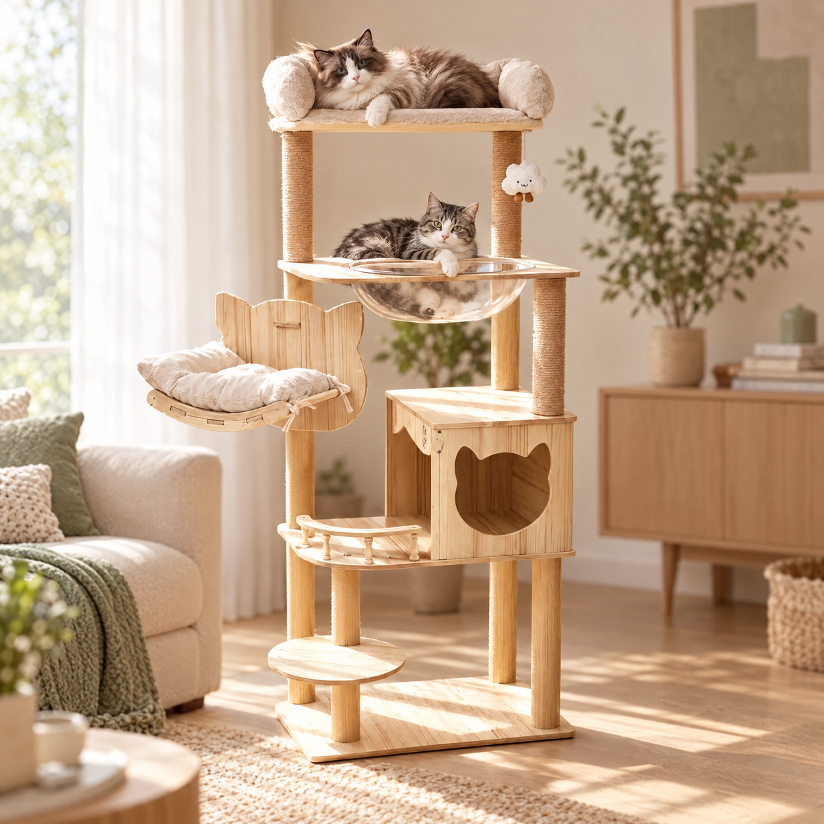 Two cats lounging on a multi-level wooden cat tower