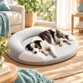 Dog stretched out on a cooling pet bed in a sunlit room