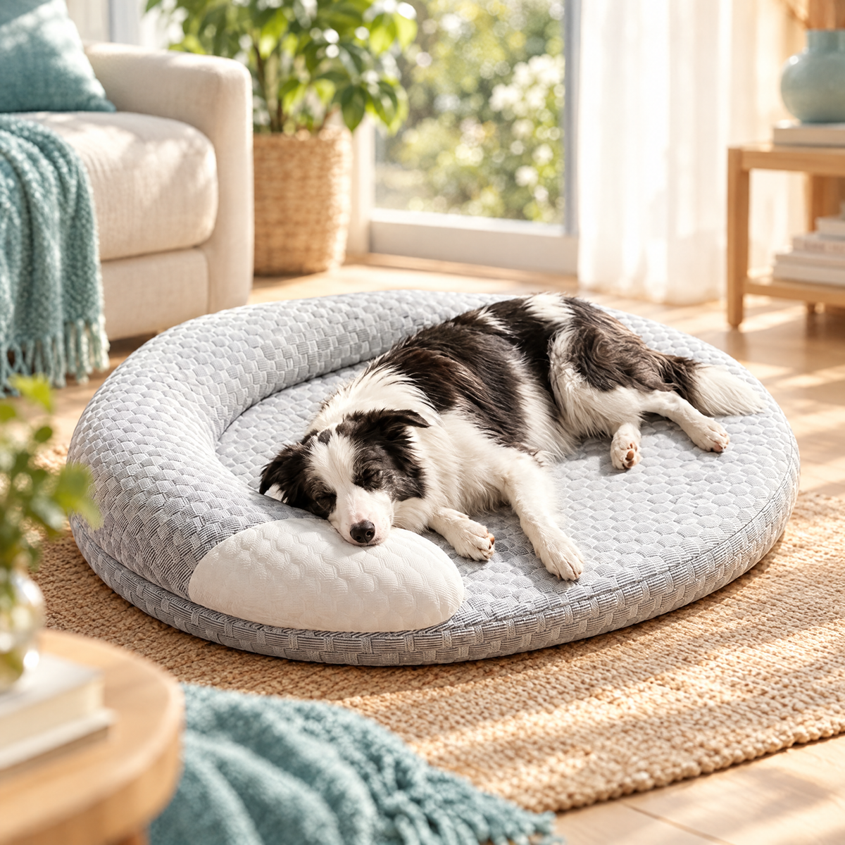 Dog stretched out on a cooling pet bed in a sunlit room