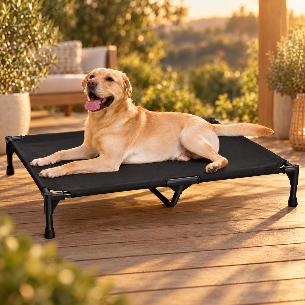 Dog lying on an elevated pet cot bed on a patio