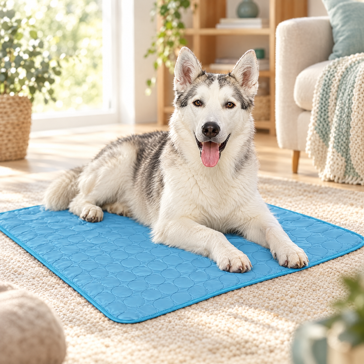 Large dog lying on a pet cooling mat