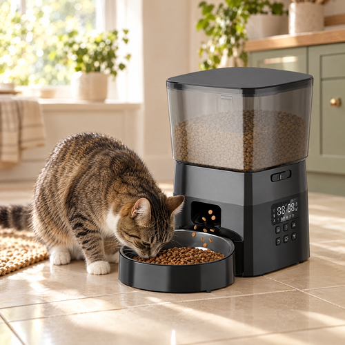 Tabby cat eating from an automatic pet feeder