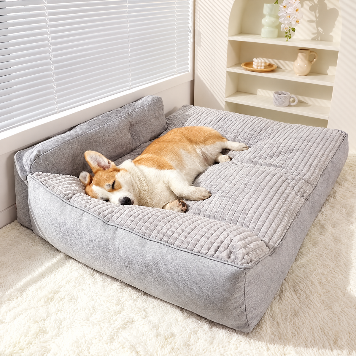 Warm cushioned dog bed with a raised rim