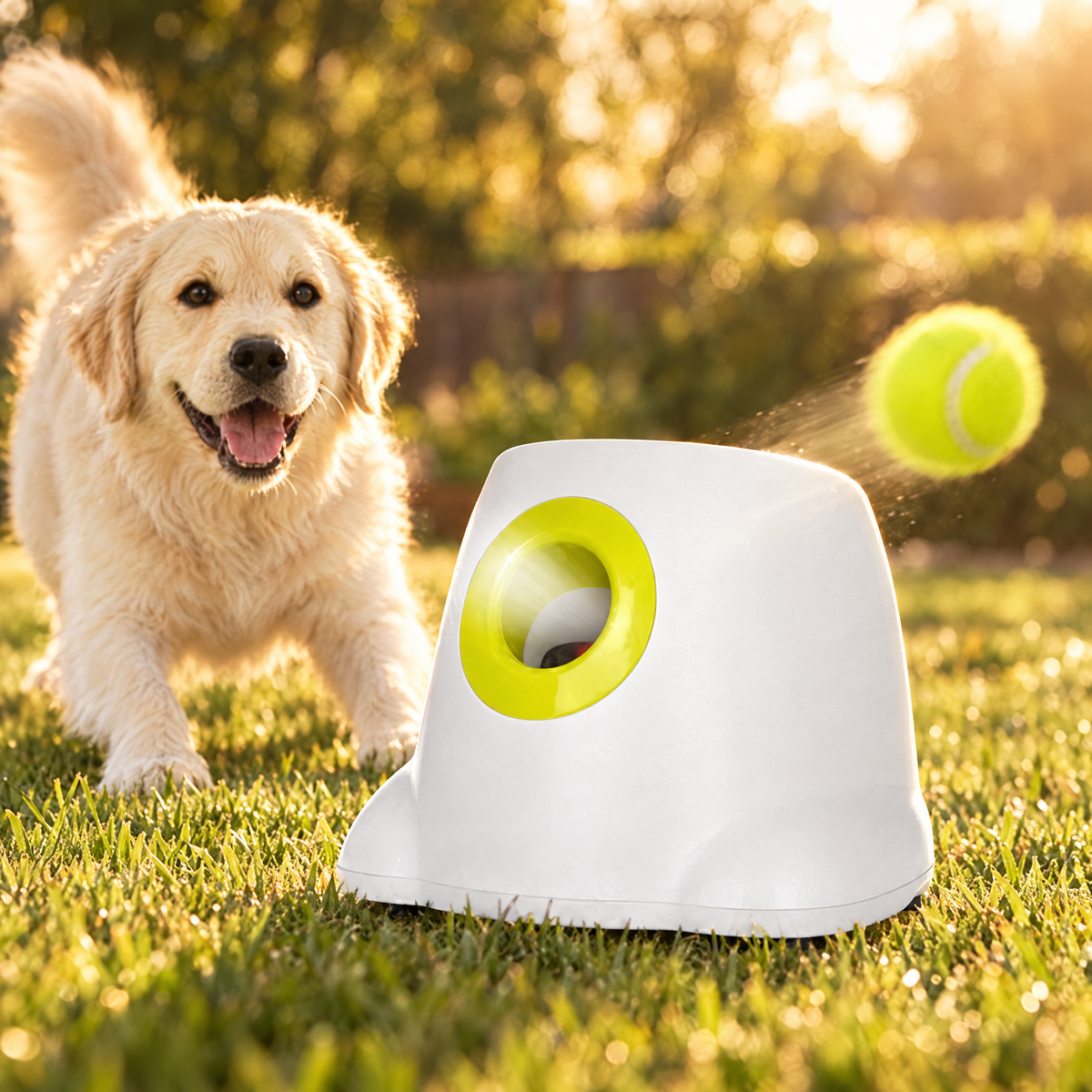 Dog beside an automatic tennis ball launcher on a sunlit lawn