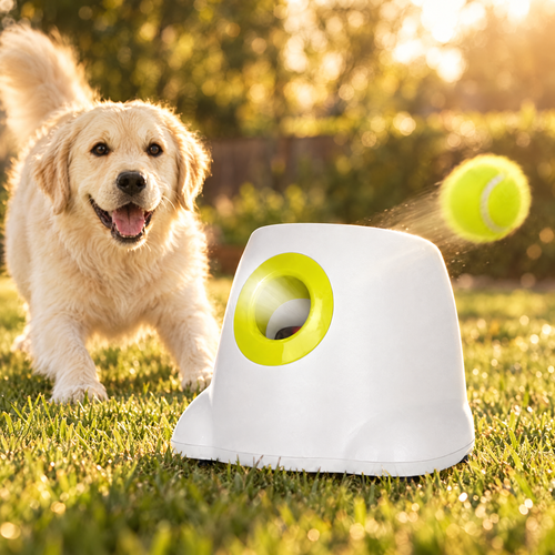 Dog beside an automatic tennis ball launcher on a sunlit lawn
