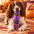 Spaniel holding a plush wine bottle dog toy on an autumn rug