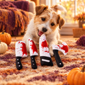 Terrier playing with a set of four Halloween plush squeaky toys