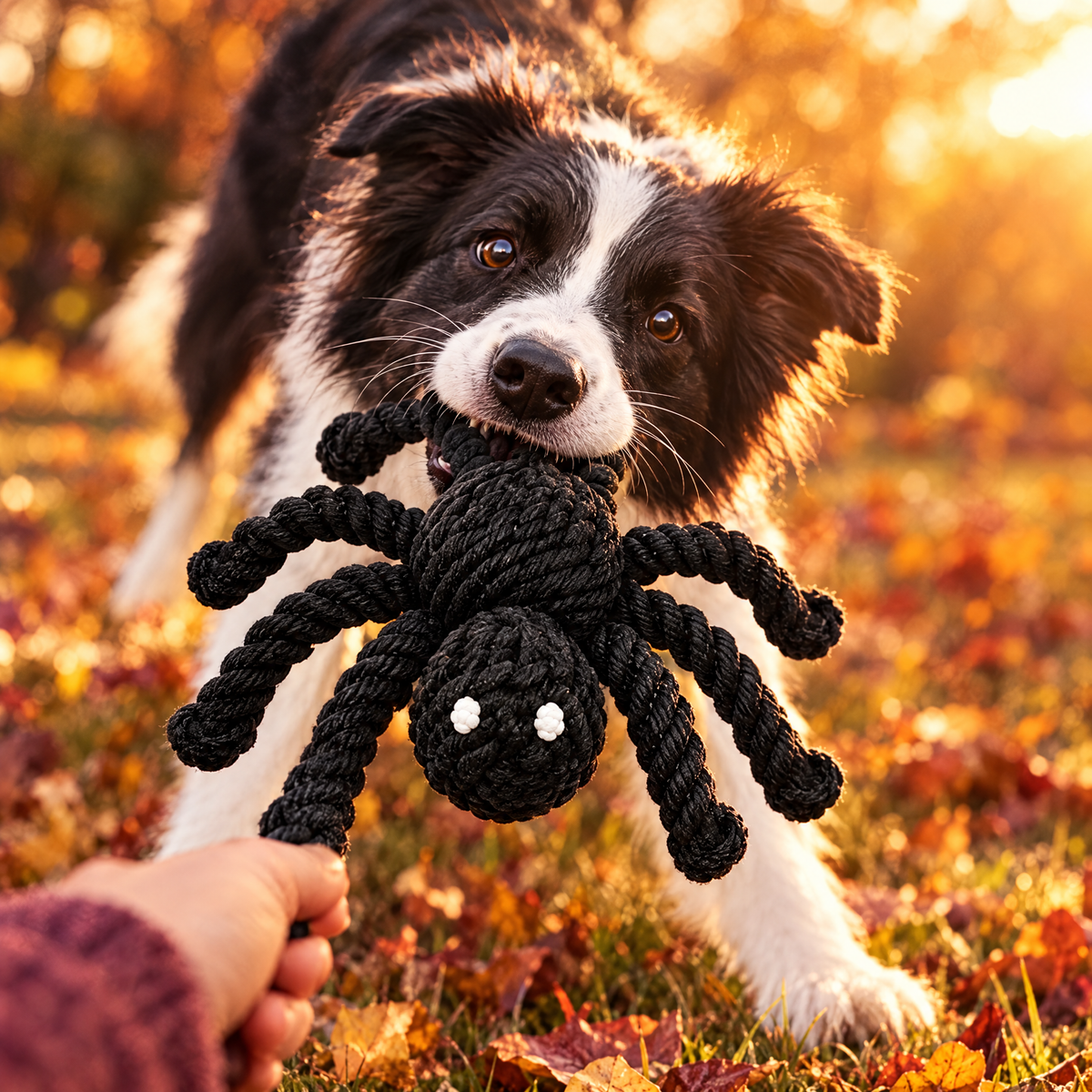Border collie tugging a black spider rope toy on an autumn lawn
