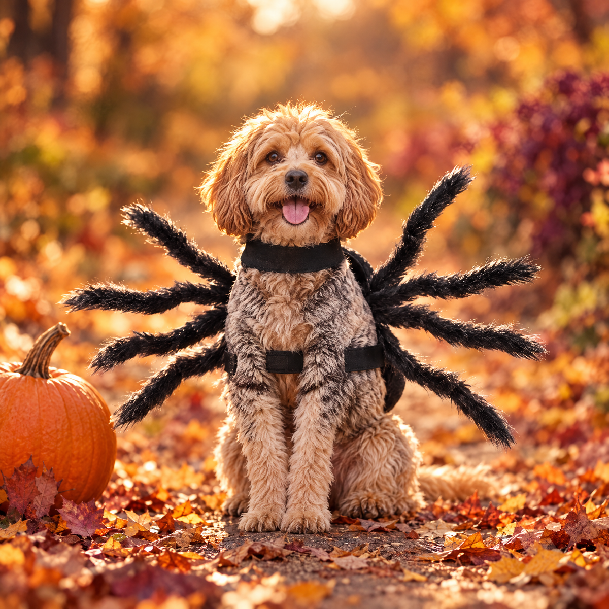 Small dog wearing a Halloween spider costume on a leafy path