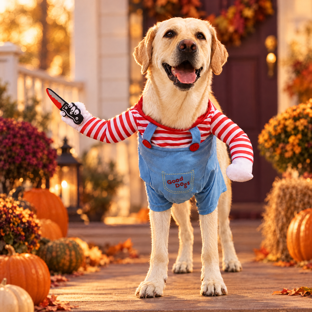 Labrador wearing an adjustable Halloween dog costume on a decorated porch