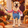 Labrador wearing an adjustable Halloween dog costume on a decorated porch