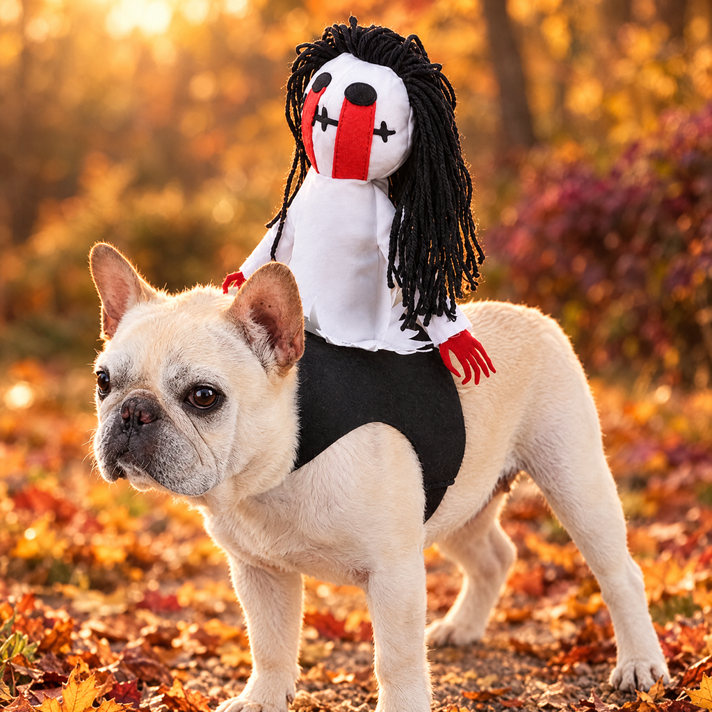 Large dog wearing a black rider Halloween costume on an autumn path