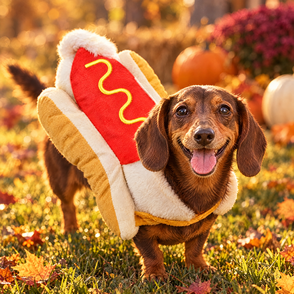 Dachshund wearing a hot dog Halloween costume on the lawn