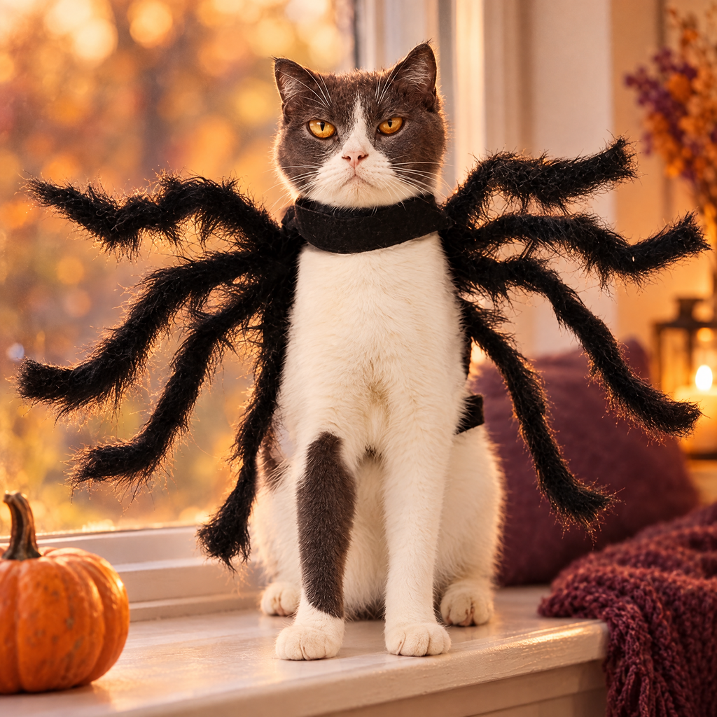 Cat wearing black bat wings on a windowsill with a small pumpkin